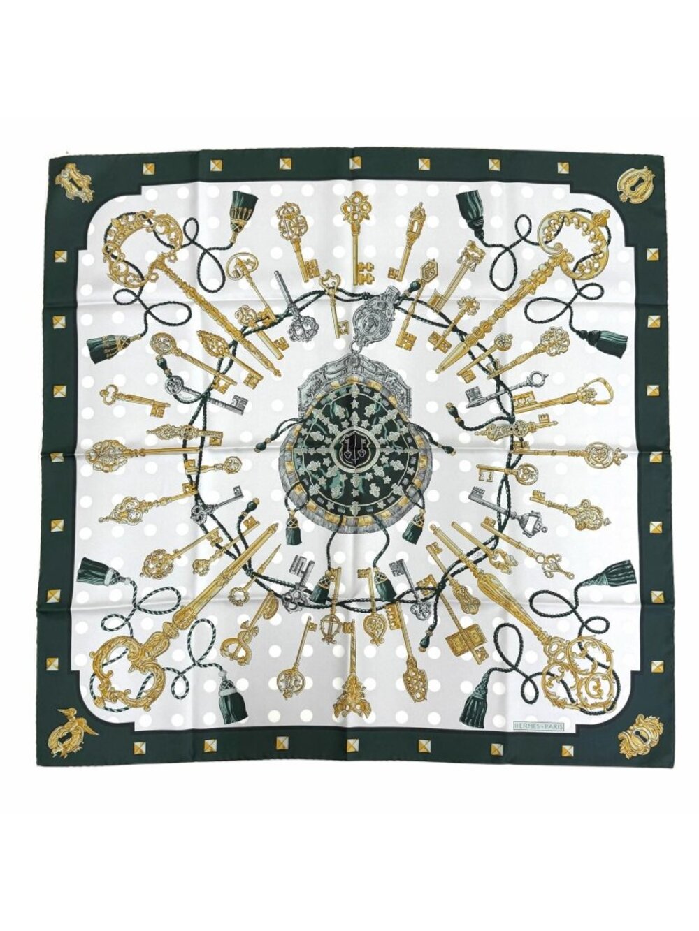 Hermes les Cles Silk 100% Vert Sapin Gray Perlee Vieille Carre 90 Double Face